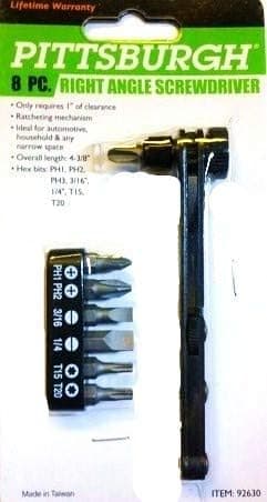 Pittsburgh - 8-pc Set ~ 1/4 Inch 90 Degree Ratchet - Hex Screwdriver Bit Set (Ratchets Forward and Reverse - 7 Hex Bits: Phillips #1, #2, #3 - Slotted 3/16 in, 1/4 in and Torx T15, T20, in a Holder)