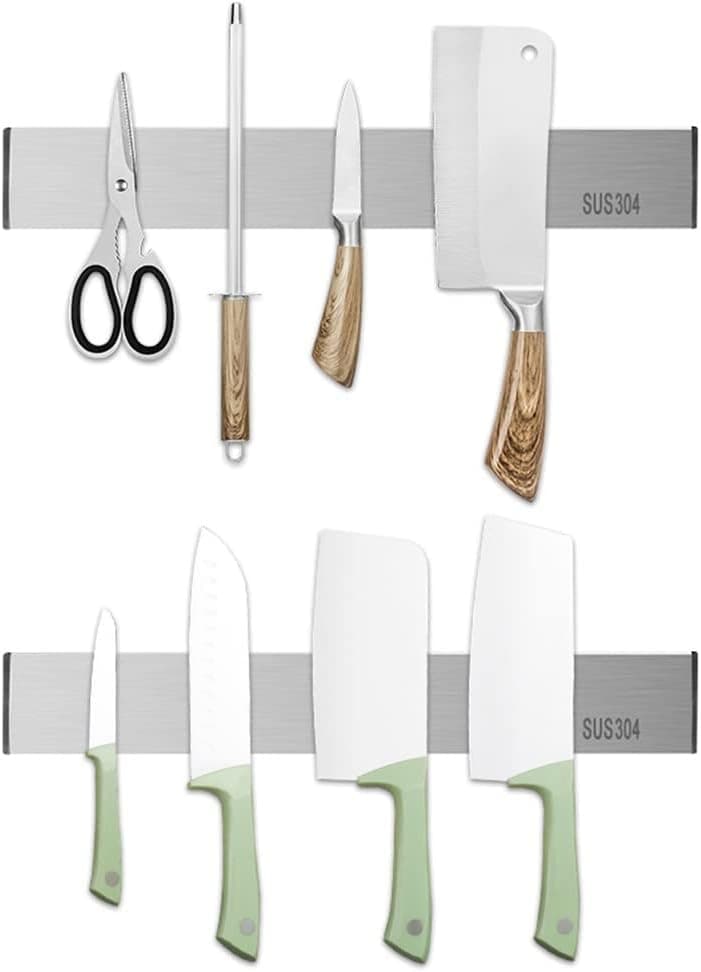 Petgin 2pcs 10 Inch Knife Magnetic Strip-Upgraded Double-Row Magnet SUS304 Magnetic Knife Holder for Wall | Knife Magnet Strip No Drilling,Silver