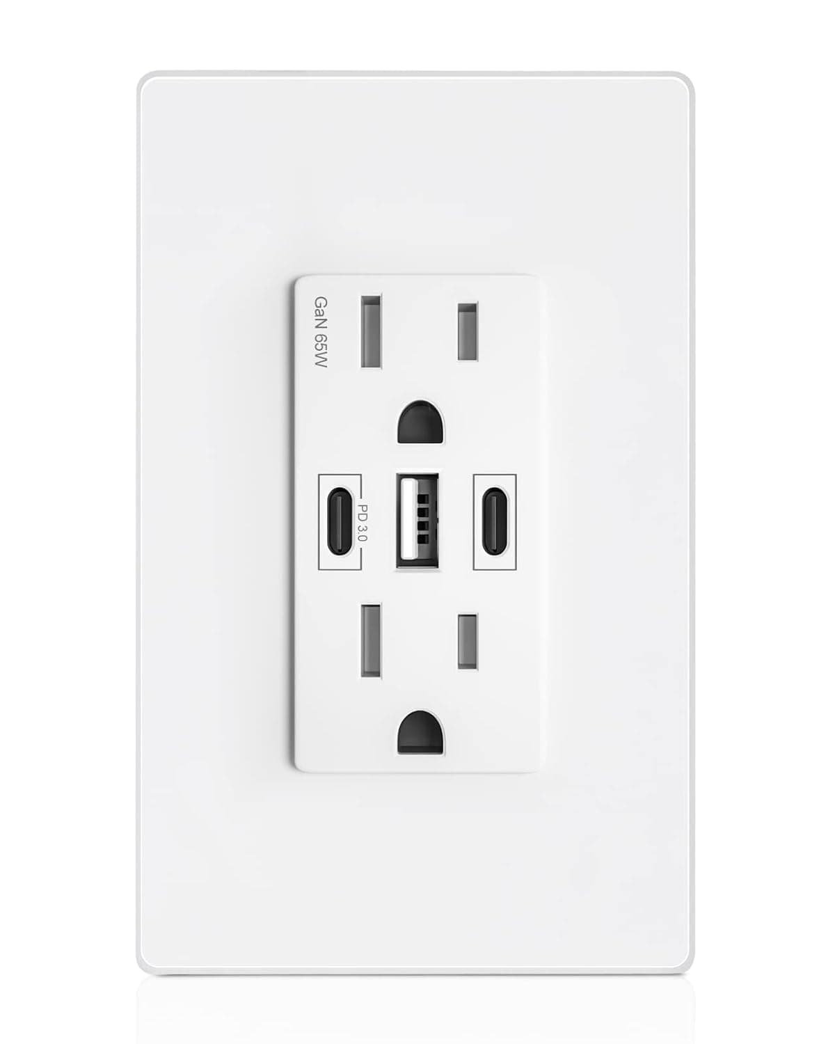 Amerisense GaN 65W 6Amp 3-Port USB Wall Outlet, 15 Amp Tamper-Resistant Receptacle with 2 USB Type C & 1 Type A Port, USB Charger for USB-C Laptop/iPhone/Samsung/LG, UL Listed