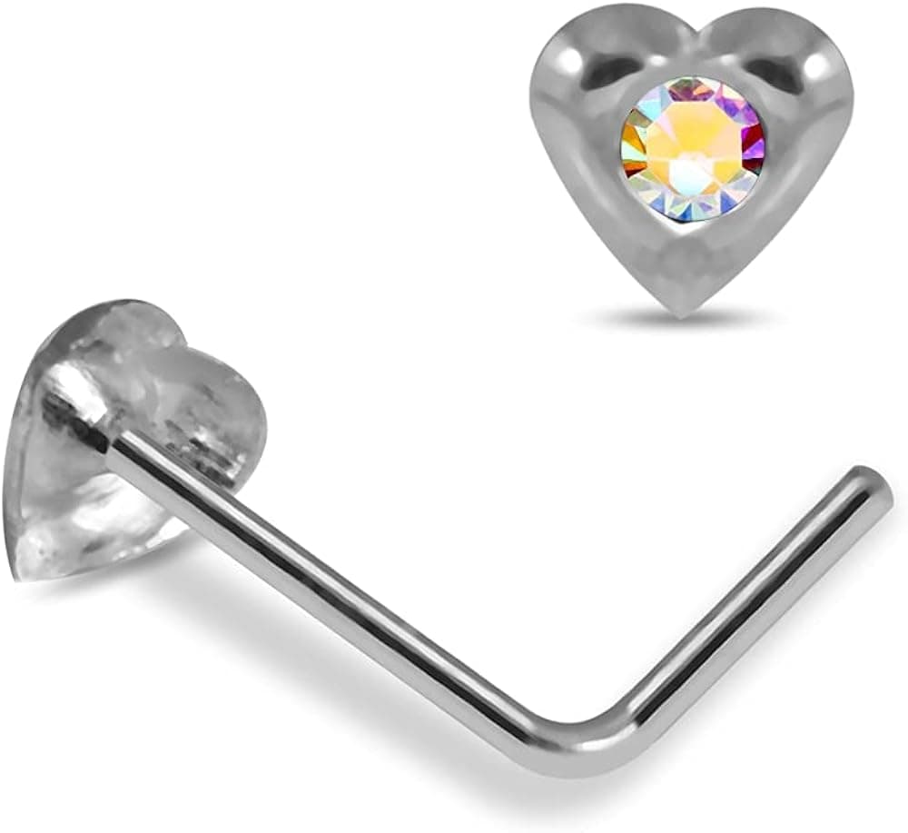 Rainbow Gem Heart 925 Sterling Silver L Shaped Nose Pin - Size 20G(0.8MM) 5mmx5mm