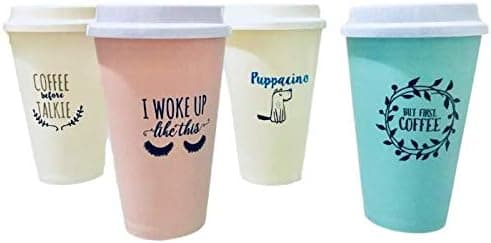Coffee cup 4 go travel, work, cold, office, coffee cup positive lettering design color pink, purple green beige