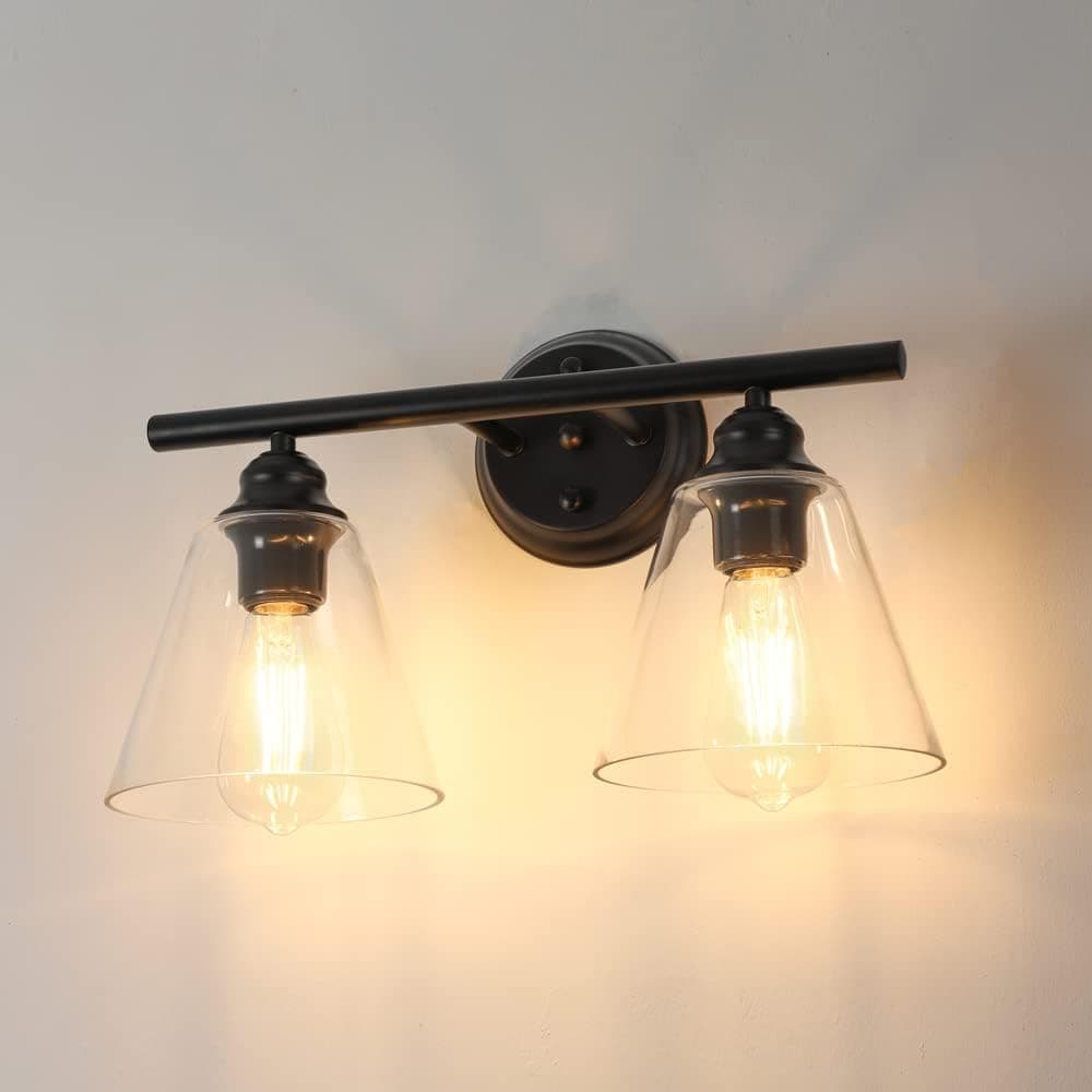 DLLT Wall Sconces Lighting, Hanging Wall Mount Lamp, 2 Lights Farmhouse Bath Vanity Light Fixture for Bathroom, Hallway, Powder Room, Kitchen, Mirror, Clear Glass Shade (E26 Base)