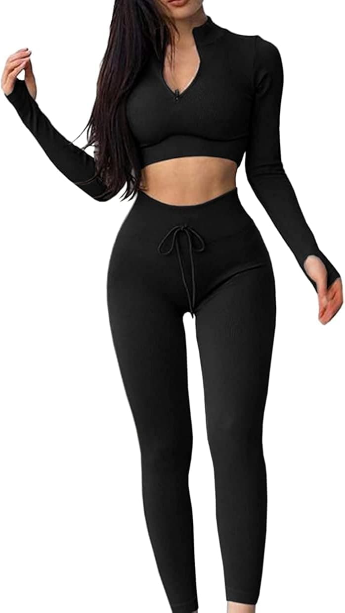 QCHENG Womens Workout Set 2 Piece Seamless Ribbed Long Sleeve Zipper Crop Tops High Waist Drawstring Leggings Gym Yoga Outfit