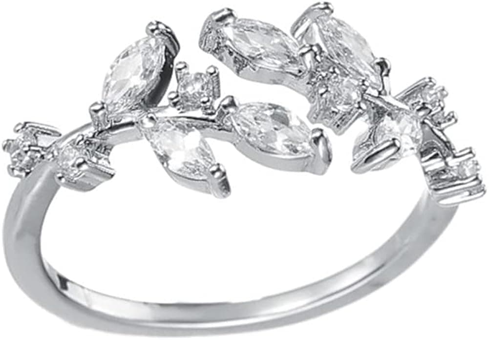 Sterling Silver Plated & 18K Gold plated Cubic Zirconia tree branch leaves joint Band Ring,adjustable (White)