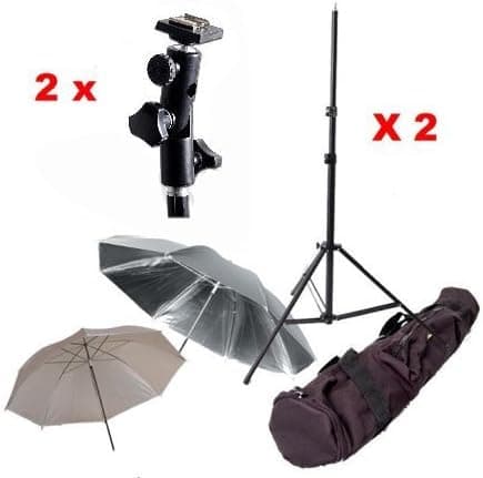 CowboyStudio Double Flash Shoe Swivel Bracket Kit with 2 Mounting Brackets, 2 Umbrellas, 2 Stand Stands, and Carry Case