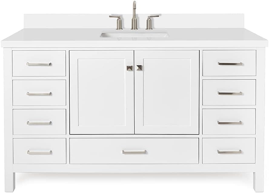 ARIEL 61" Inch White Bathroom Vanity with 1.5" Inch Thick Edge White Quartz Countertop | 2 Soft Closing Doors & 9 Full Extension Dovetail Drawers | Satin Nickel Hardware | No Mirror