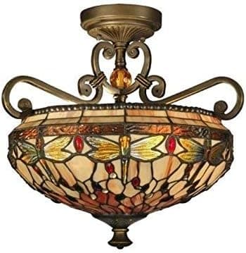 Dale Tiffany TH10099 Dragonfly Semi-Flush Mount Light, Antique Golden Sand and Art Glass Shade
