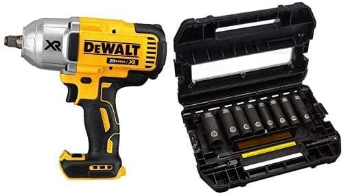 DEWALT DCF899HB 20v MAX* XR Brushless High Torque 1/2" Impact Wrench with Hog Ring Anvil (Tool Only) with DEWALT DW22812 1/2-Inch 10-Piece IMPACT READY Socket Set (SAE)