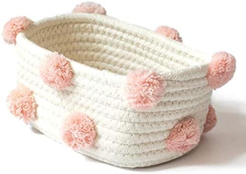 FDSF Cotton Woven Storage Basket Cute Pompom Decor Sundries Finishing Box Cosmetic Toys Organizer Frame Pink S