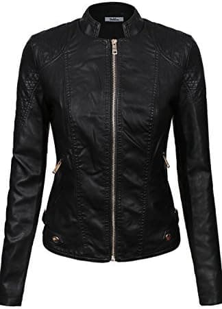 BodiLove Women's Faux Leather Biker Jacket with Stitching Detail