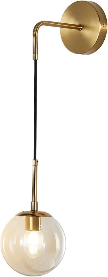 BOKT Mid Century Modern Wall Mounted Sconce Light Minimalist Adjustable Brass Ball Glass Fixture Reading Lamp (Amber Glass)