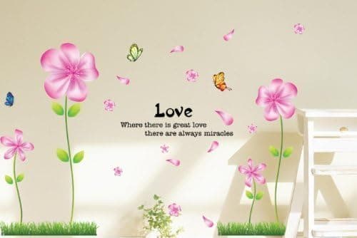 Free Will Tall Flowers with Pink Leaves and Butterflies DIY Wall Decal Sticker Home Decor Flower Mural