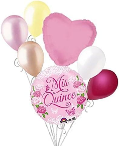 Jeckaroonie Balloons 7pc Mis Quince Pink Flowers Happy Birthday Balloon Bouquet Party Decoration 15th