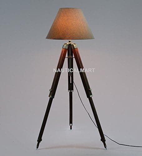 NauticalMart Floor Standing Chrome Finish Wooden Tripod Floor lamp (Shade Not Included)