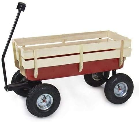 AUEY Wood Wagon All Terrain Pulling Red w/Wood Railing Children Kid Garden Cart
