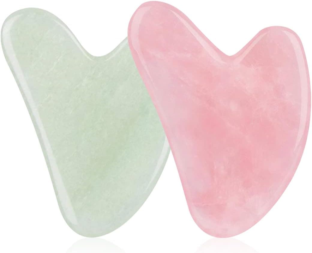 Gywinovo YuanKanJu 2 Pcs Gua Sha Facial Tool Guasha Massage Tool Natural Jade Stone for Face and Body Skin Care - Pink and Green