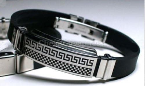 Classic Pattern Men Stainless Steel Rubber Bangle Bracelet Black Silver