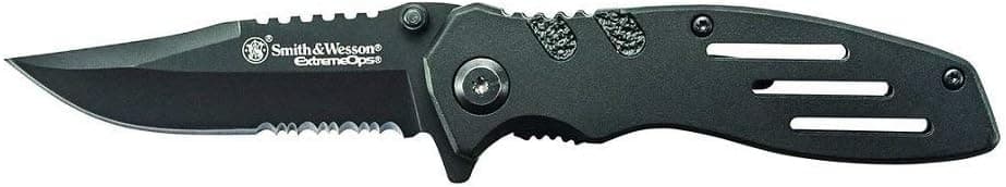 Smith & Wesson Extreme Ops SWA24S 7.1in S.S. Folding Knife with 3.1in Serrated Clip Point Blade and Aluminum Handle for Outdoor, Tactical, Survival and EDC