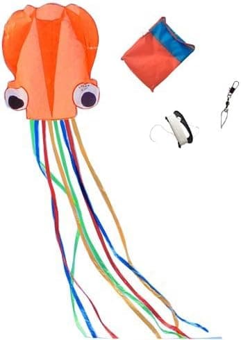 Mayco Bell Octopus Portable Kite Nylon & Polyester Material - Perfect Toy for Kids and Children Outdoor Games Activities - Fold-able Large 28 x 157 Inches | Extra 328 Feet of Line (Orange)