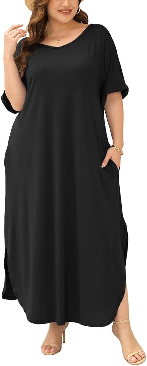 Women's Plus Size Maxi Dresses Short Sleeve Casual Summer Split T Shirt Long Dress with Pockets