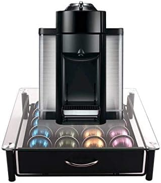 Vertuoline Capsules Holder for Nespresso, 20 or 40 Coffee Pods Stand, Transparent and Black Tempered Glass Container Drawer, Stainless Steel Organizer, Capsule pod storage (Capsules are excluded.)
