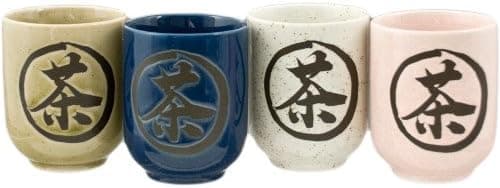 Hinomaru Collection Japanese Porcelain Tea Cups Set of 4 Kanji Tea Character Glazed Yunomi Sushi Teacups Made in Japan