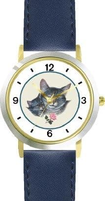 WatchBuddy Gray Tabby Cat Mom and Kitten with Rose Cat - JP Deluxe Two-Tone Theme Watch - Arabic Numbers - Blue Leather Strap-Women's Size-Small