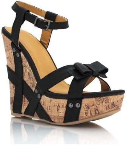 Strappy Faux Leather Bow Cork Platform Wedges Black or Nude