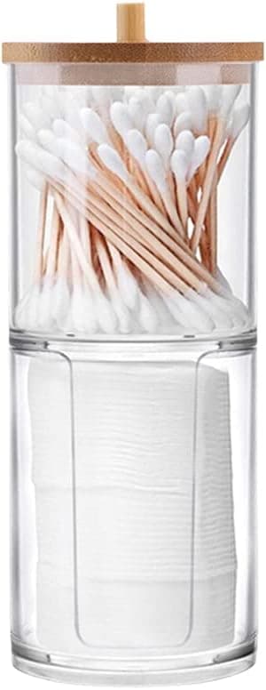 JIEQIJIAJU Acrylic Qtip Dispenser and Cotton Round Holder with Bamboo Lid, 2 Compartments Cotton Balls Holder Cotton Swabs Container Stackable Apothecary Jars for Bathroom Canister Storage