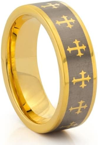 8MM Tungsten Carbide Gold Cross Wedding Band Ring w/Laser Etched Celtic Design (Available Sizes 7-14 Including Half Sizes)