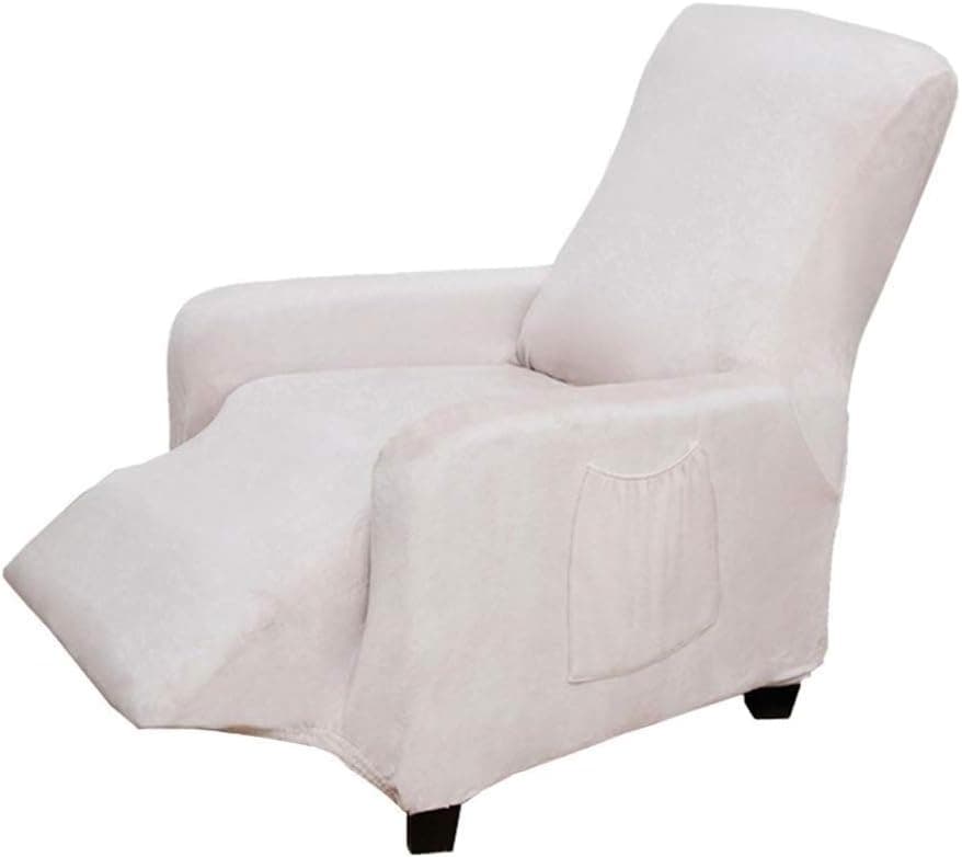 Stretch Recliner Slipcover 1-Piece Velvet Recliner Chair Cover Elastic Bottom Durable Soft Recliner Sofa Protector with Side Pocket, Washable Furniture Protector with for Kids, Pets (Beige