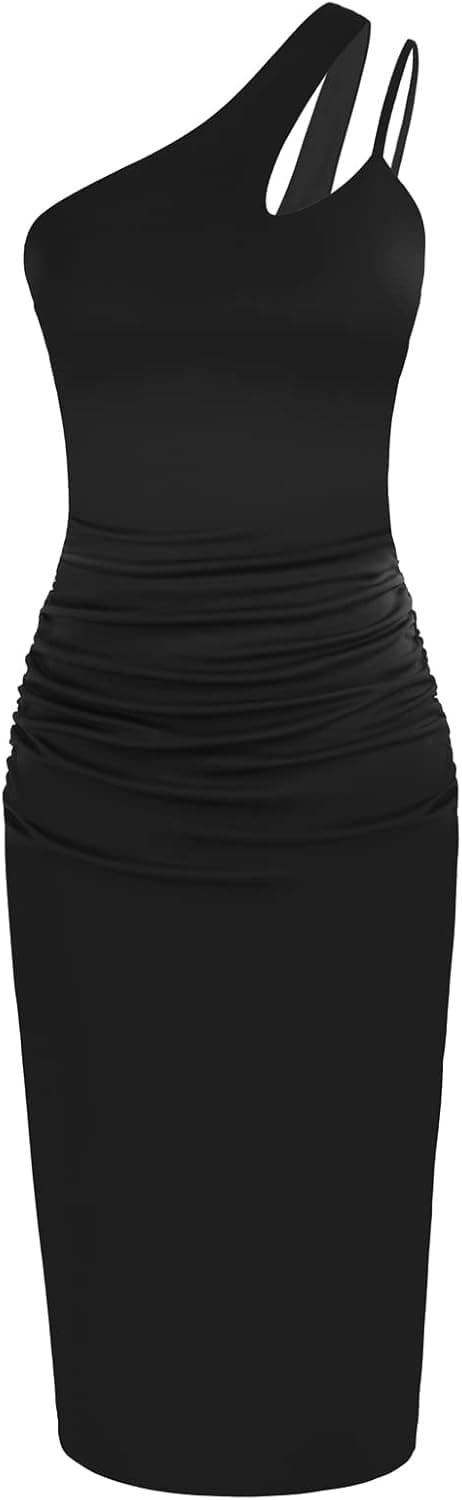 GRACE KARIN Women's 2023 Summer Bodycon Dress Cutout One Shoulder Sleeveless Ruched Cocktail Party Midi Dresses