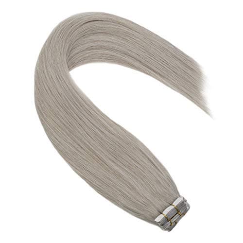 Grey Tape in Hair Extensions Real Human Hair Color Silver 20pcs 50g 24inch