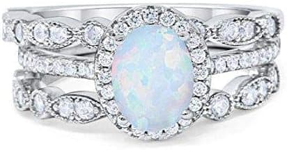 Blue Apple Co. Piece Halo Art Deco Wedding Band Engagement Ring Oval Simulated Round Cubic Zirconia 925 Sterling Silver
