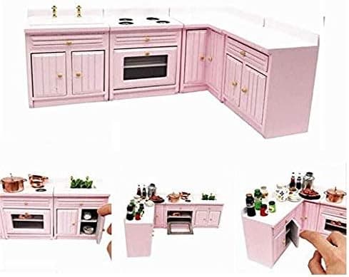 EatingBiting 1:12 Dollhouse Miniature Furniture Kitchen Wooden Pink Combination Cabinet Sink Counters 1/12 Scale Dollhouse Miniature Furniture Deluxe Wooden Kitchen Set