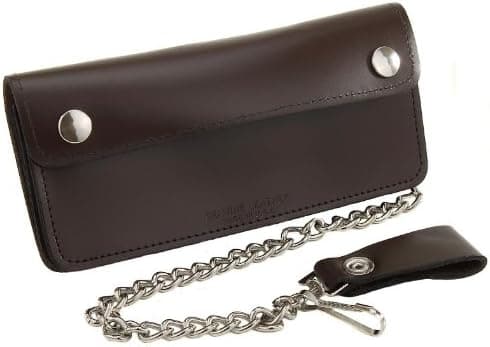 Mens Genuine Leather Biker Trucker 7 3/4" Inch Dark Brown Wallet Made in the USA 12" Inch Heavy Duty Steel Chain