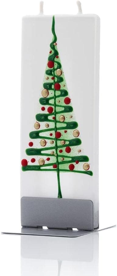 FLATYZ Handmade Christmas Candle - Green Tree | Unscented, Drip-Resistant & Smoke-Free 2 Wick Candle for Home & Room Decor | Hand Painted, Flat Decorative Candles | Steel Stand Included