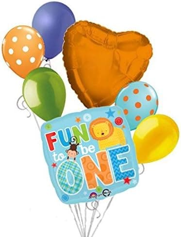 7 pc Fun to be One Lion Animal Balloon Bouquet Party Boy Happy 1st Birthday