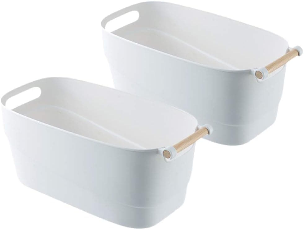 Storage Bins with Wood Handle, Set of 2 - Minimal, Sleek Design - White Matte Plastic Organizer Bucket for Pantry Shelf, Kitchen, Closet, Bathroom, Kids Toys & More - Durable, Easy to Clean - Small
