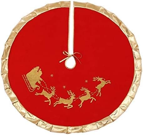 Red Christmas Tree Skirt with Gold Rim 48",Flannelette Santa Reindeer Xmas Party Holiday Decorations for 7Ft/7.5Ft/8Ft Christmas Tree (Red, 48")