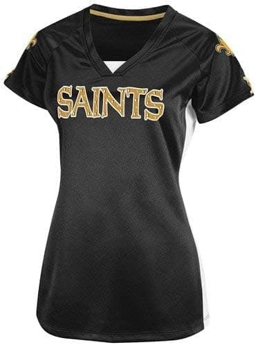 NFL Womens New Orleans Saints Draft Me V Black/White/Harvest Gold Short Sleeve Raglan V-Neck Tee