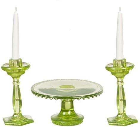 Dollhouse Miniature Chrysnbon Cake Plate with 2 Candles in Green