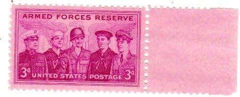 Postage Stamps United States. One Single 3 Cents Purple, Marine, Coast Guard, Army, Navy and Air Force Pensonnel, Armed Forces Reserve Issue, Stamp Dated 1955, Scott #1067.