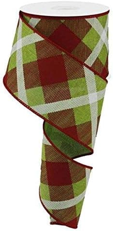 Plaid Canvas Wired Edge Ribbon, 10 Yards (Fresh Green, Red, White, 2.5")
