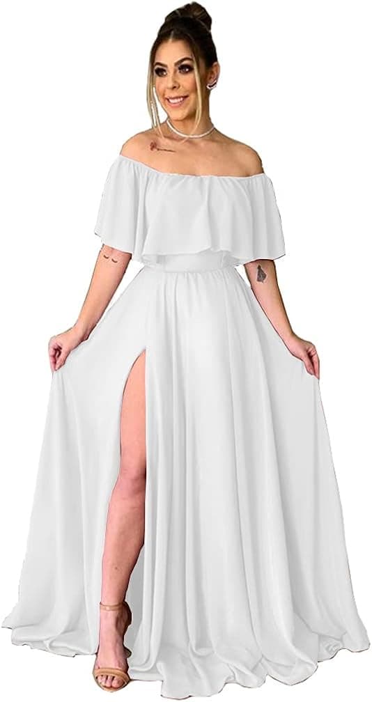TRHTX Women's Chiffon Bridesmaid Dresses Long Off Shoulder Formal Dresses with Slit Ruffle A-Line Party Gowns