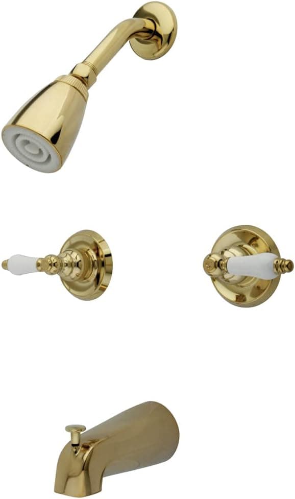 Kingston Brass KB242PL Twin Handle Tub and Shower Faucet with Decor Lever Handle, Polished Brass,5-Inch Spout Reach