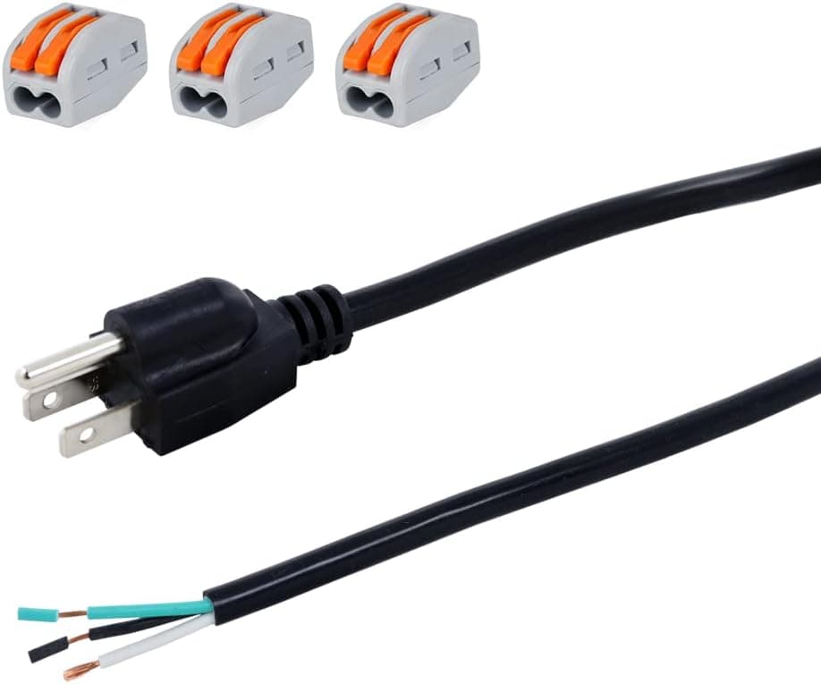 12FT 18AWG Power Cord Pigtail 3 Prong Open Wiring End Heavy Duty SJT Replacement Power Cord Cable NEMA 5-15P Male Plug, Power Cable 10A, 1200W at 120VAC