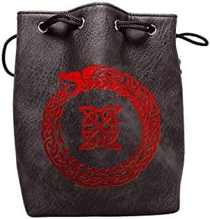 Black Leather Lite Large Dice Bag with Ouroboros Design - Black Faux Leather Exterior with Lined Interior - Stands Up on its Own and Holds 400 16mm Polyhedral Dice