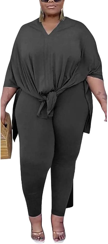 Plus Size 2 Piece Outfits for Women Solid Tracksuit Short Sleeve Slit Split Tops Bodycon Long Pants Loungewear Set
