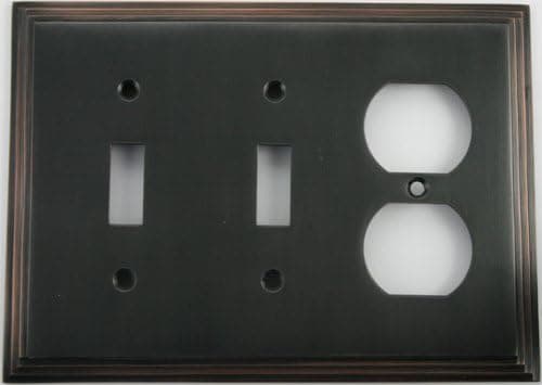 Deco Step Style Oil Rubbed Bronze 3 Gang Wall Plate - 2 Toggle Switches 1 Duplex Outlet